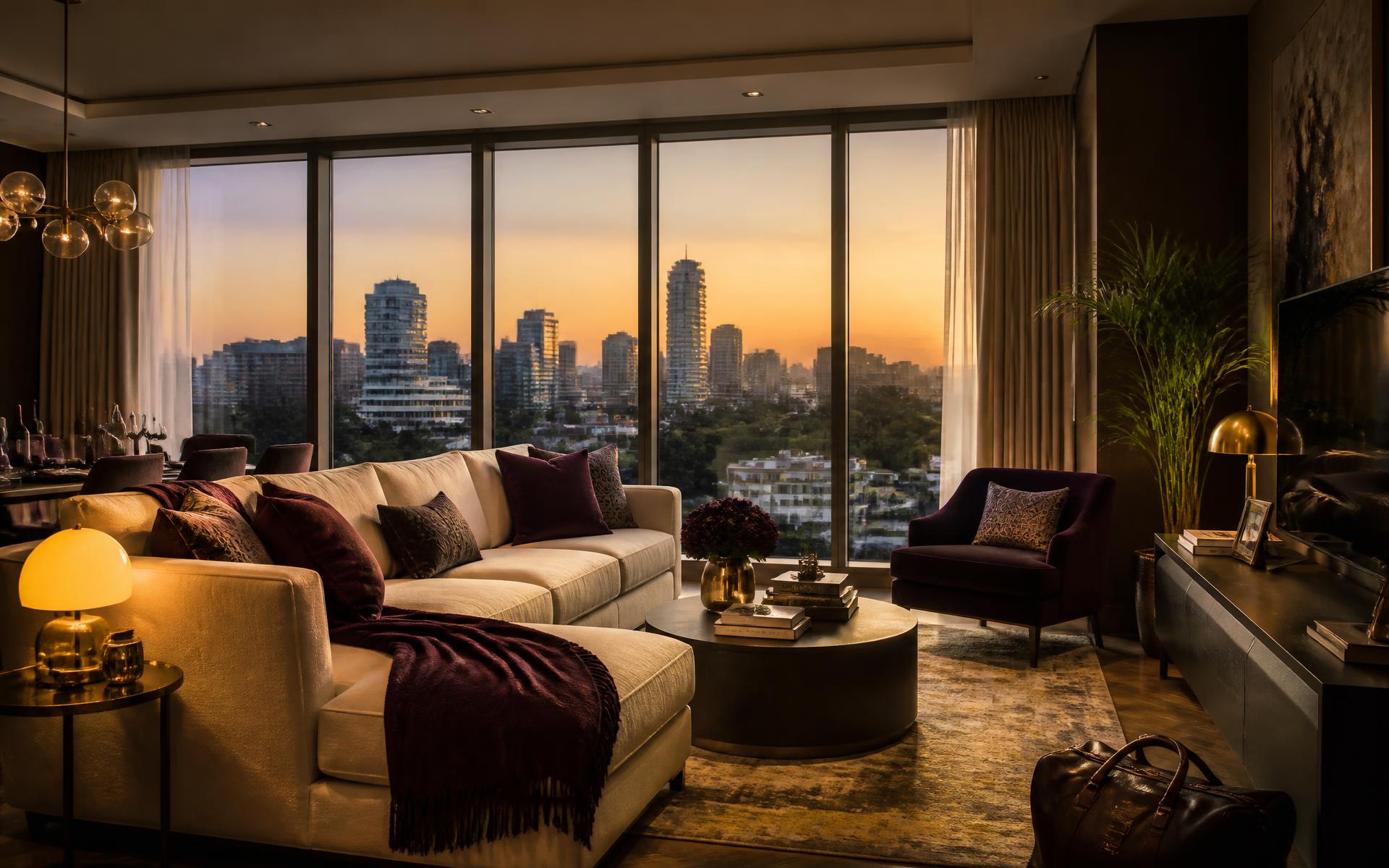 Golden-hour living room of an Aurevia Homes apartment overlooking the Nairobi skyline